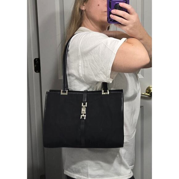 GUCCI Jackie Bardot Shoulder Bag Black Canvas Piston Lock VINTAGE - Picture 15 of 15